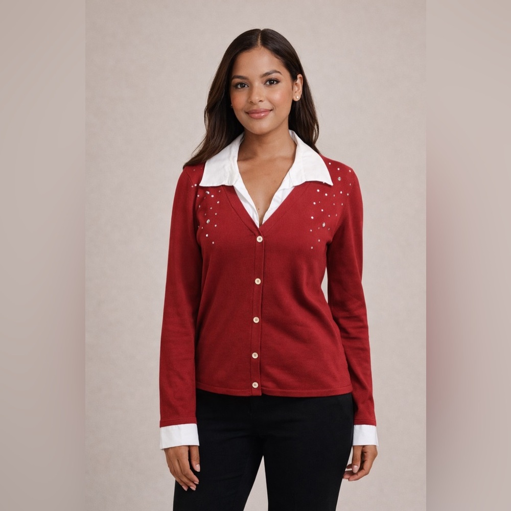 Belldini Red Sweater with White Collar and Stud Details
